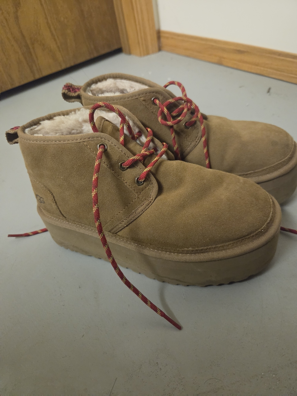 UGG Tan Suede Platform Ankle Boots with Red Accent Laces